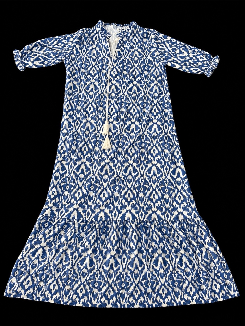 Blue Ikat Casual Maxi Dress with Tassel Tie